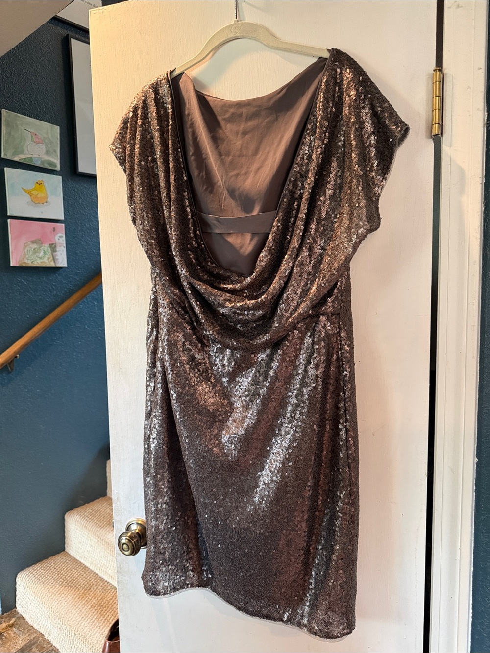 Vera Wang Metallic Pewter Sequin Cowl-Back Dress